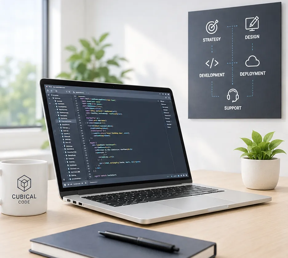 Modern workspace with laptop displaying code, Cubical Code coffee mug, plant, notebook, and software development workflow board